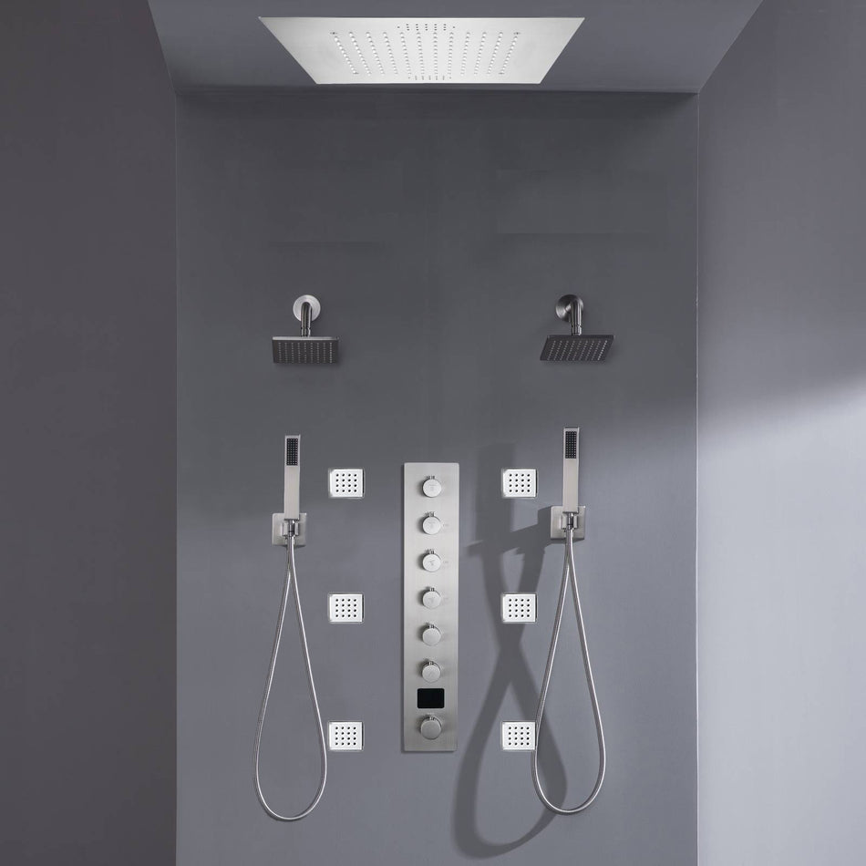 Flush mount 20 inch Rainfall shower head 6 way Digital display thermostatic Shower Faucet with Dual Regular Heads and Body Jets