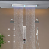 Flush Mount 32 x 8 inch Rainfall 64 LED Light Shower Head with 6-Way Thermostatic Faucet and High-Pressure Dual Regular Heads,6 body jets