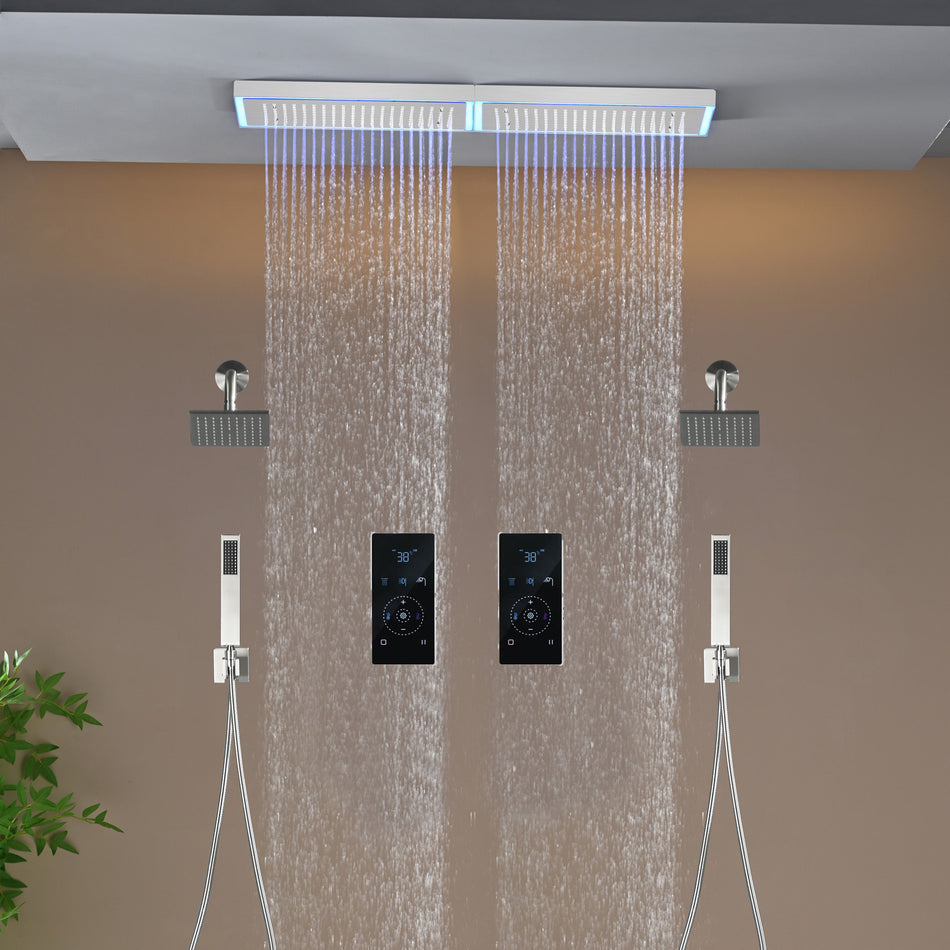 Flush Mount 32 x 8 inch Rainfall 64 LED Light Shower Head with 6-Way Digital Display Touch Panel Thermostatic Faucet and High-Pressure Dual Regular Heads