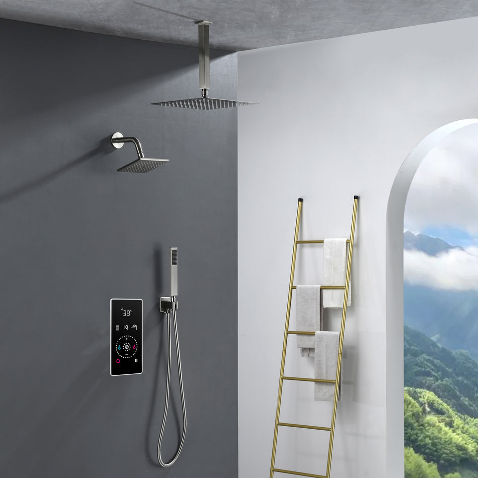 3 Way Thermal Digital Touchscreen Shower Faucet with regular head and rainfall head,Handle Shower
