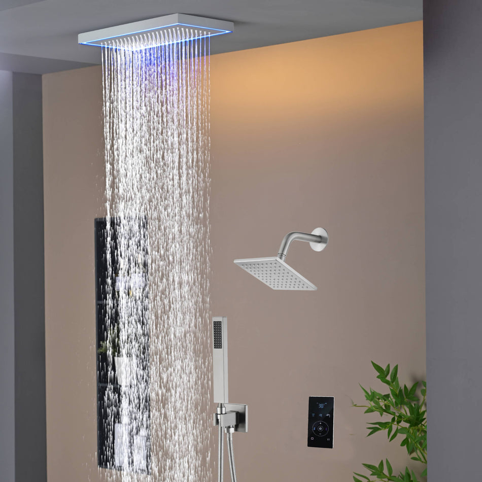 Matte Black or Brushed Gold or Brushed Nickel 16 x 8 inch rainfall Flush mount  Shower Head 3-Way digital display touch panel Shower Faucet with 6'' regular head