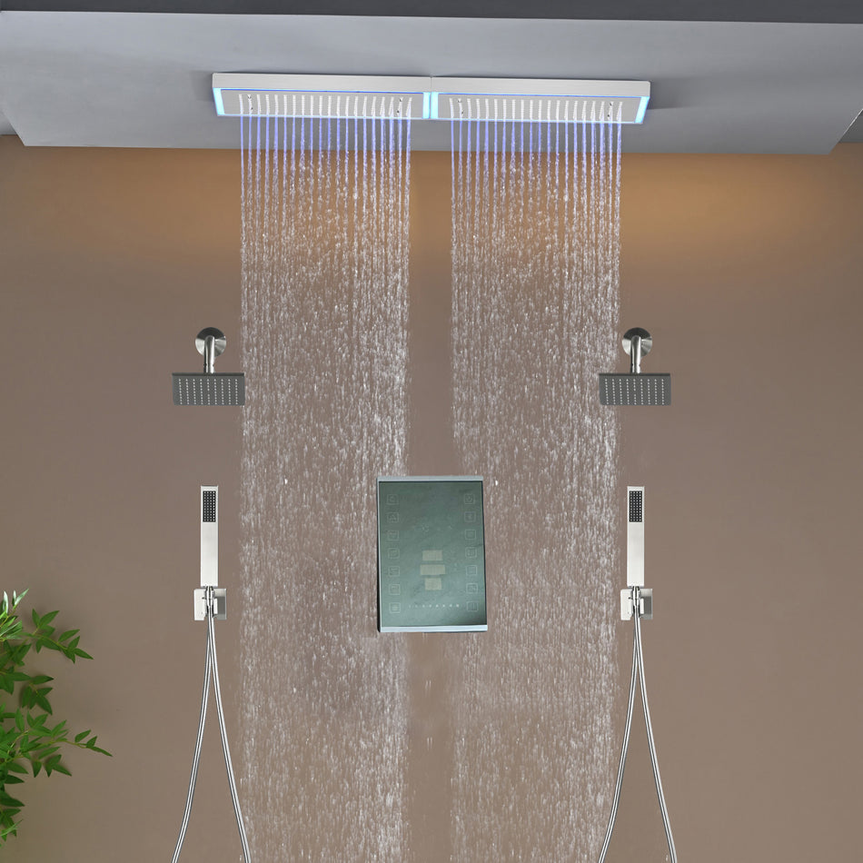 Flush Mount 32 x 8 inch Rainfall 64 LED Light Shower Head with 6-Way Digital display touch panel Thermostatic Faucet and High-Pressure Regular Heads