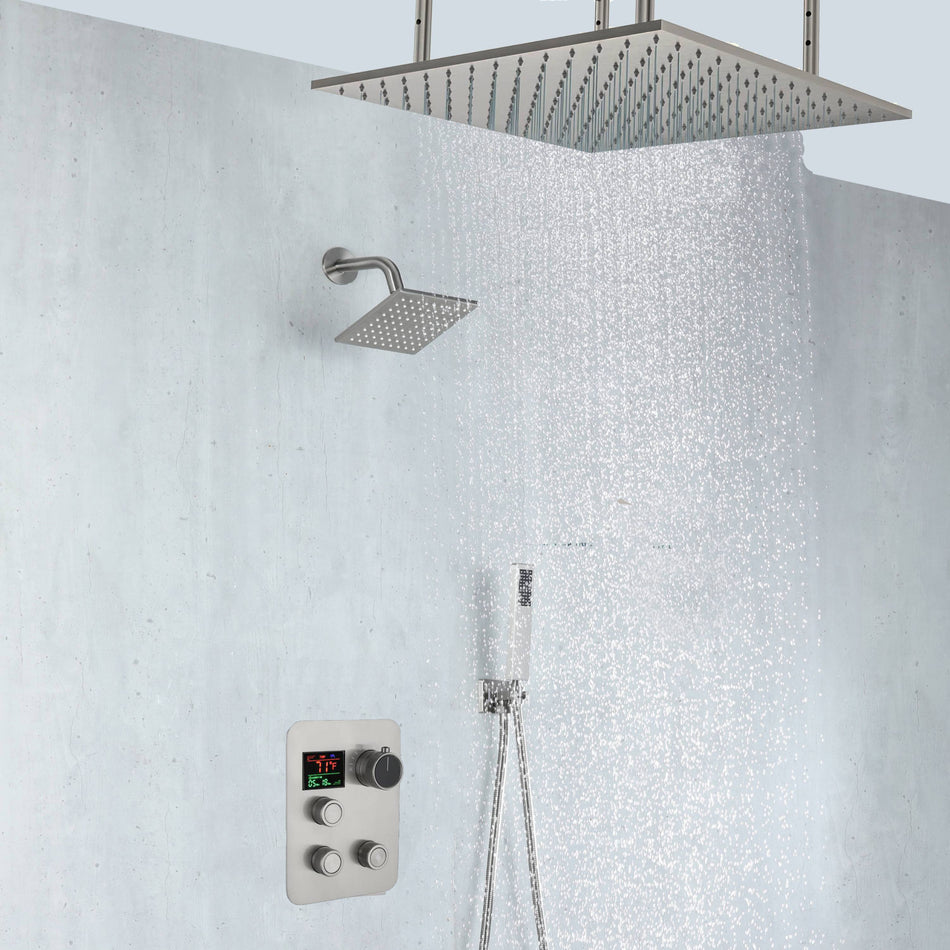 Brushed nickel 20-Inch rainfall shower head high pressure shower head 3 way thermostatic valve shower heads systems each function work at the same time and separately