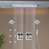 Flush Mount 32 x 8 inch Rainfall 64 LED Light Shower Head with 6-Way Thermostatic Faucet and High-Pressure Dual Regular Heads,6 body jets