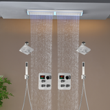 Flush Mount 32 x 8 inch Rainfall 64 LED Light Shower Head with 6-Way Thermostatic Faucet and High-Pressure Dual Regular Heads