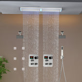 Flush Mount 32 x 8 inch Rainfall 64 LED Light Shower Head with 6-Way Thermostatic Faucet and High-Pressure Dual Regular Heads,6 body jets