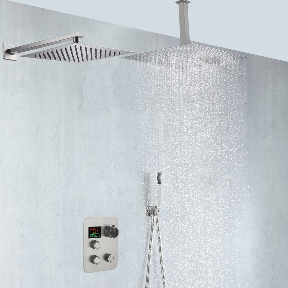 Brushed Nickel Dual 12'' or 16'' Rain Shower Head 3-Way Thermostatic Shower System