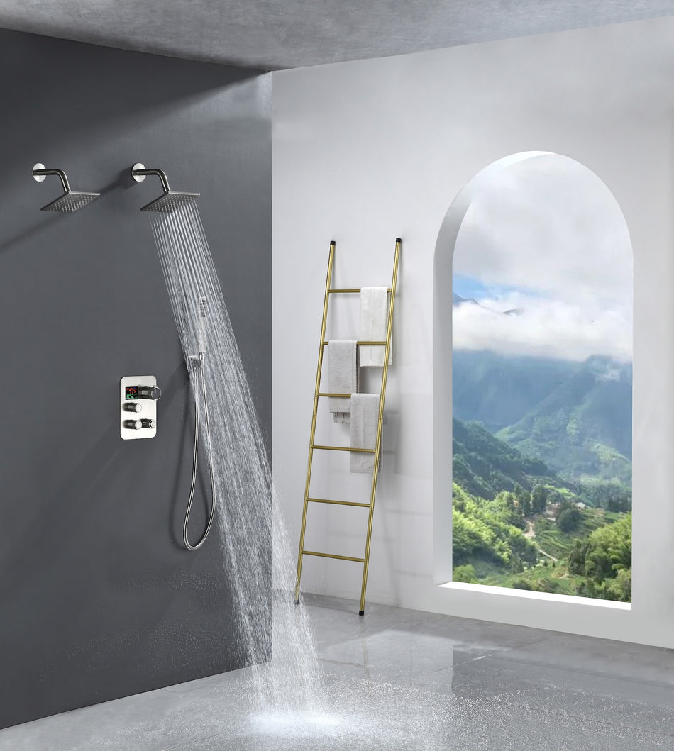 Brushed Gold Or Brushed Nickel or Matte Black or chrome or oil rubber bronze 3-Way Thermostatic Shower Valve System with Dual Regular Heads - Simultaneous or Separate Functionality