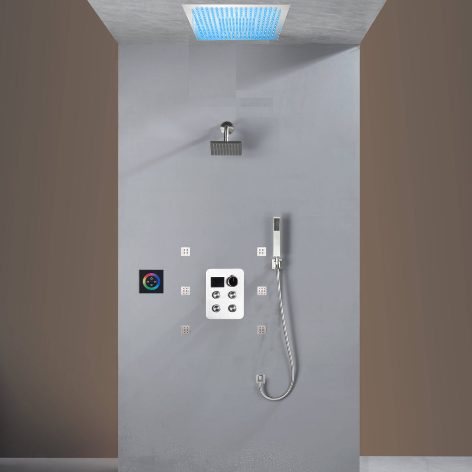 Flush Mount Shower Faucet Set with 4-Way Digital Thermostatic Control, 64-Color LED Lights
