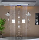 Flush Mount 48 x 8 inch Rainfall Waterfall 64 LED Light Shower Head with 8-Way Thermostatic Faucet and High-Pressure Wall Mount Regular Shower Head and 3 Body Jets