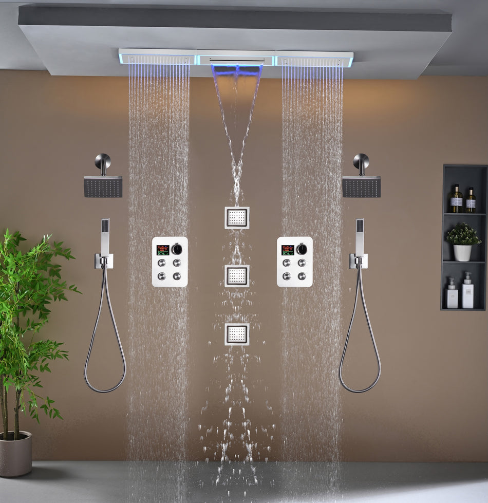 Flush Mount 48 x 8 inch Rainfall Waterfall 64 LED Light Shower Head with 8-Way Thermostatic Faucet and High-Pressure Wall Mount Regular Shower Head and 3 Body Jets