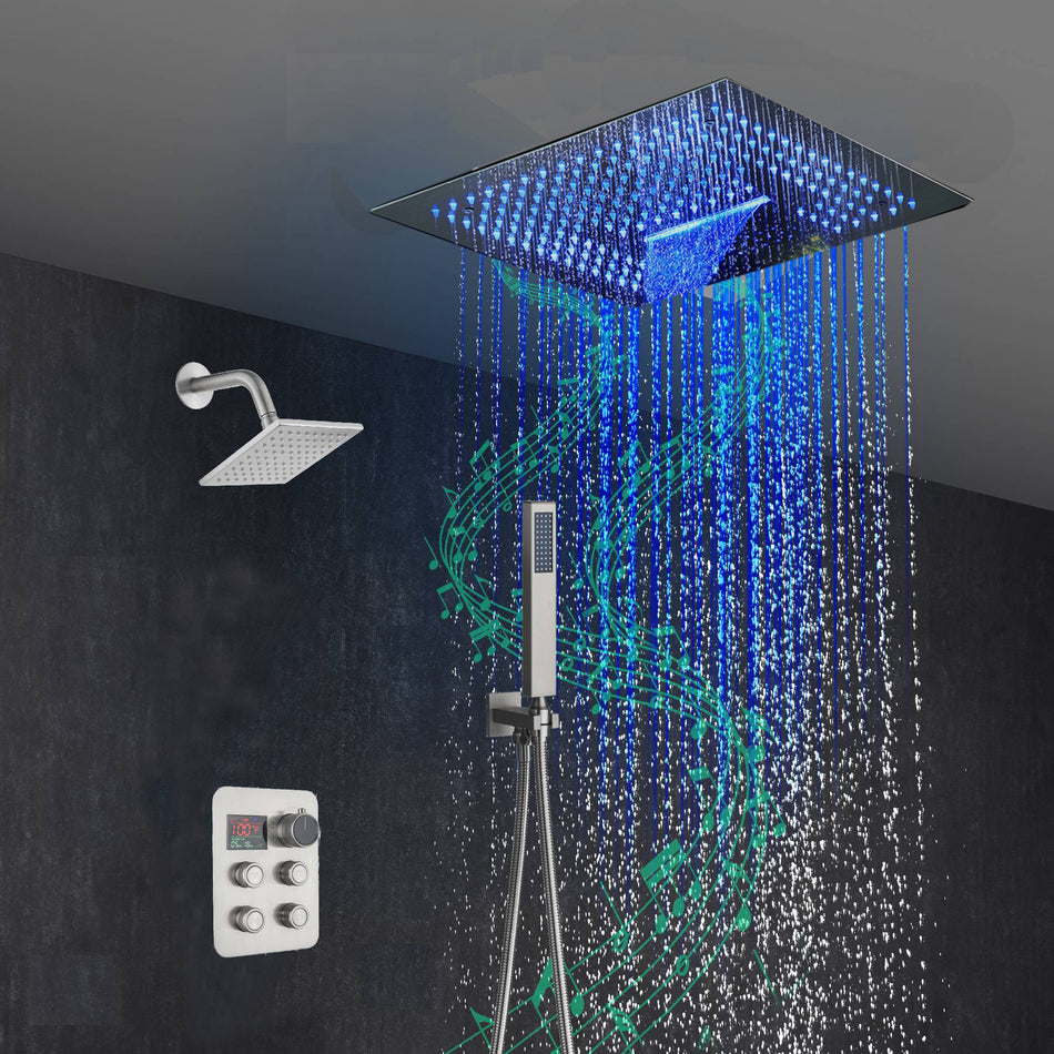 16-Inch Brushed Gold or brushed nickel or matte black Flush Mount rainfall waterfall Shower Faucet Set: 4-Way Thermostatic Control, 64-Color LED Lights, Bluetooth Music, and Regular Head