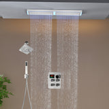 Flush Mount 32 x 8 inch Rainfall 64 LED Light Shower Head with 4-Way Thermostatic Faucet and High-Pressure Regular Heads