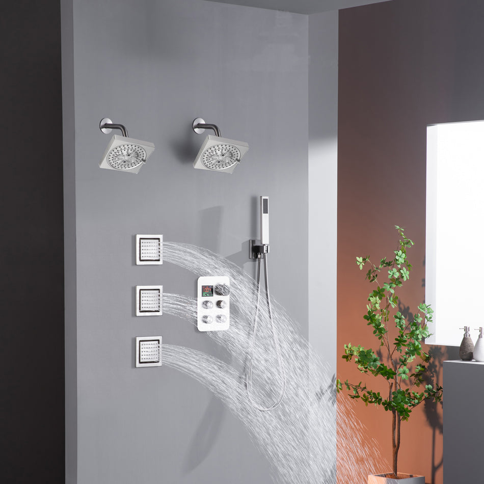 Dual Regular Heads with 4-Way Thermostatic Faucet and  Handle Shower and Body Jets
