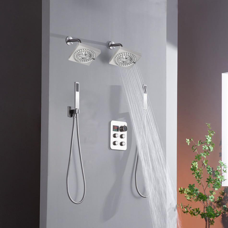 4-Way Thermostatic Faucet with Dual Regular Heads and Dual Handle wands