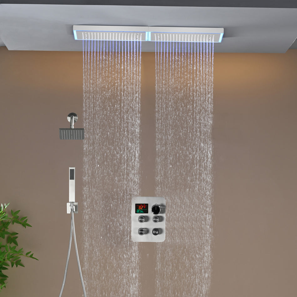 Flush Mount 32 x 8 inch Rainfall 64 LED Light Shower Head with 4-Way Thermostatic Faucet and High-Pressure Regular Heads