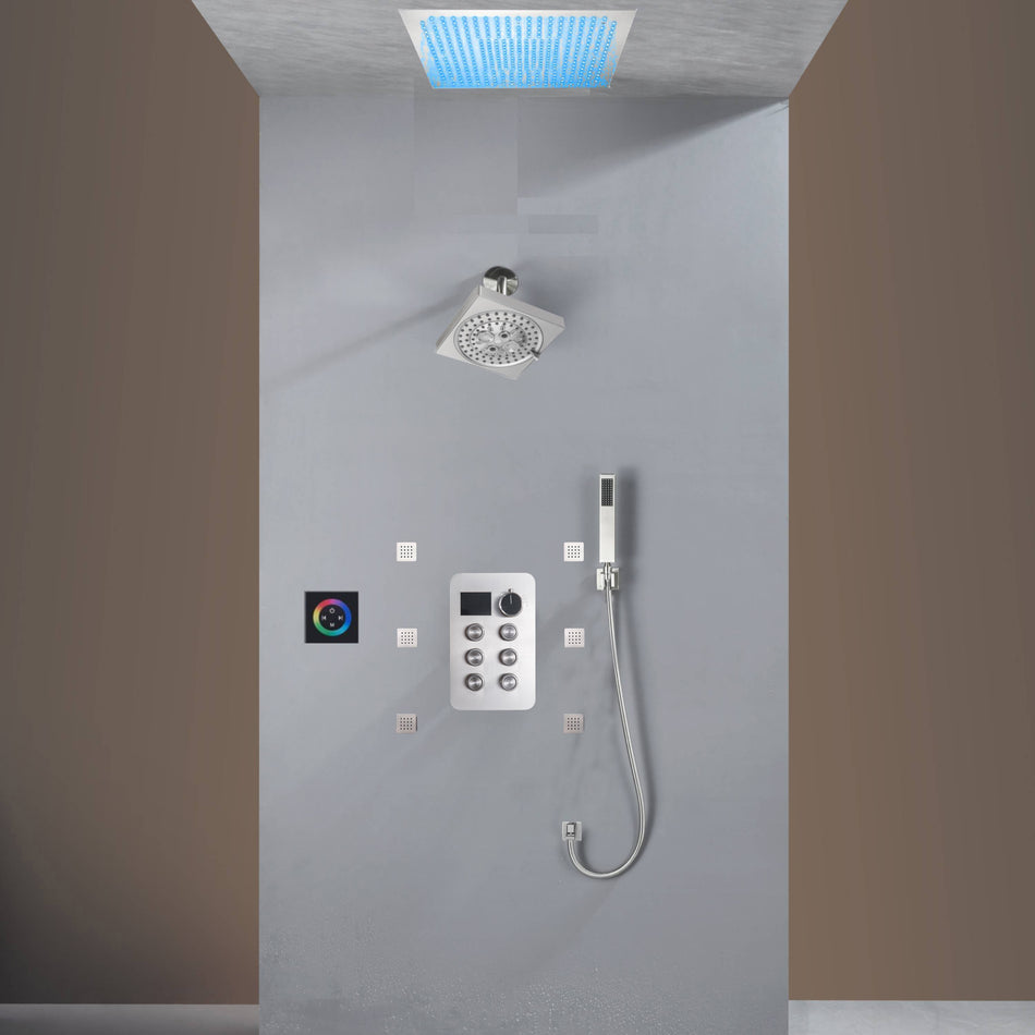 Flush Mount Shower Faucet Set with 6-Way Digital Thermostatic Control, 64-Color LED Lights
