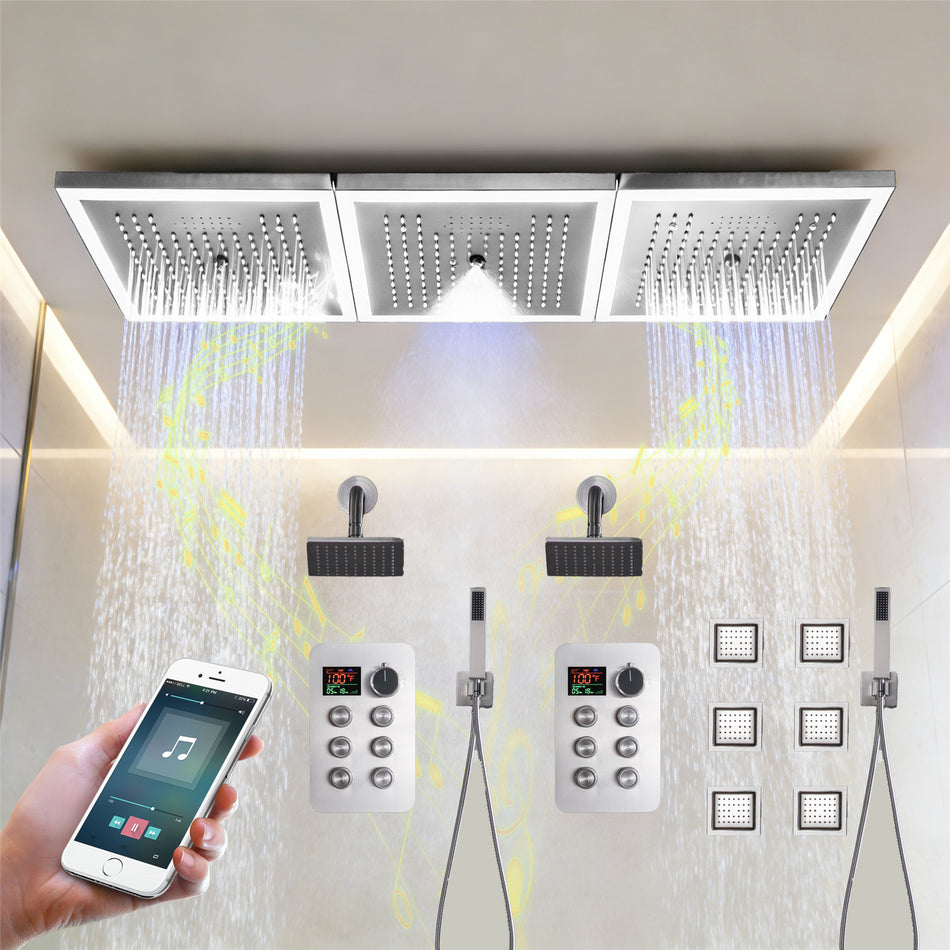 36 x 12 inch rainfall mist 64 led light bluetooth music shower head 12 way shower faucet with regular head and handle wand
