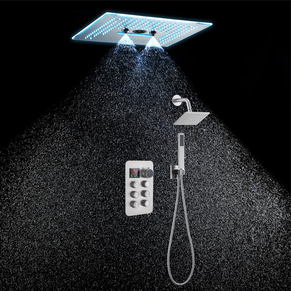 16-Inch Rainfall Waterfall Mist Water Column Flush Mount Shower Faucet Set with 6-Way Thermostatic Control, 64-Color LED, Bluetooth Music, Rainfall-Waterfall-Mist Features, Rotating Hydro Jet, and Regular Head