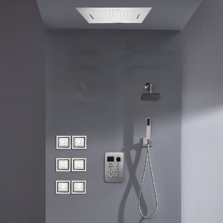 Bluetooth Music LED 6-Way Digital Thermostatic Shower  System with Waterfall,6 Body Jets, Regular Head