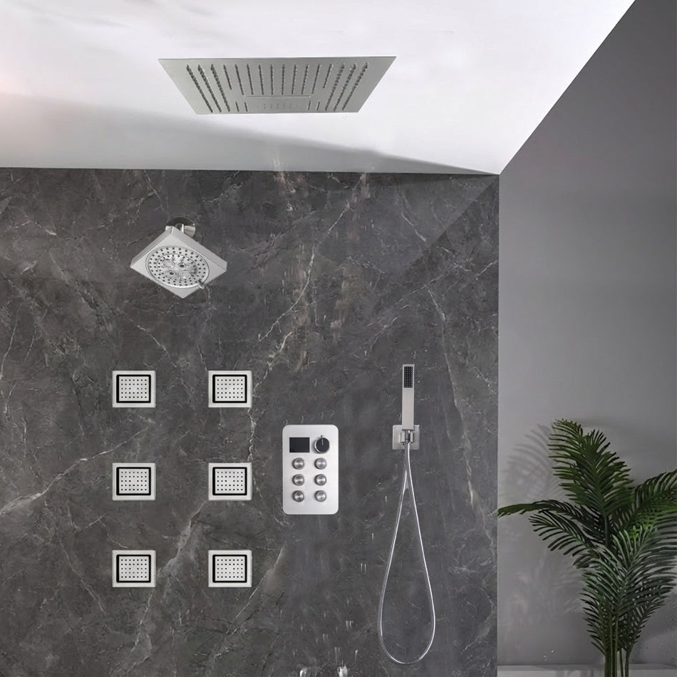 16 inch  flush-mount rainfall waterfall shower systems 6 way thermostatic valve with 6 body jets