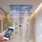 24 x 12 inch rainfall mist 64 led light bluetooth music shower head 6 way shower faucet with regular head and handle wand, Body Jets