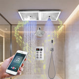 24 x 12 inch rainfall mist 64 led light bluetooth music shower head 6 way shower faucet with regular head and handle wand