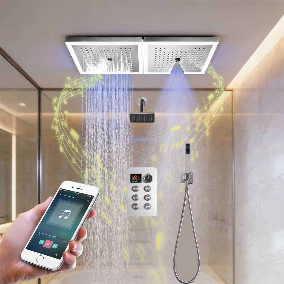 24 x 12 inch rainfall mist 64 led light bluetooth music shower head 6 way shower faucet with regular head and handle wand