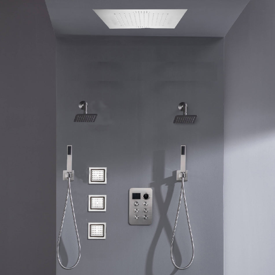 Bluetooth Music LED 6-Way Digital Thermostatic Shower  System with Rainfall,3 Body Jets, Dual Regular Head