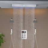 Flush Mount 32 x 8 inch Rainfall 64 LED Light Shower Head with 6-Way Thermostatic Faucet and High-Pressure Regular Heads