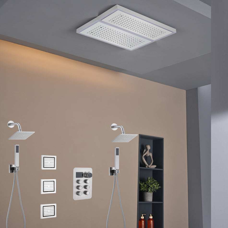 Flush Mount 16 X 16 inch or 32 x 8 inch Rainfall  64 LED Light Shower Head with 6-Way Thermostatic Faucet, Body Jets, and High-Pressure Dual Regular Heads