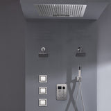 24 inch flush mount rainfall waterfall shower head 6 way thermostatic shower faucet with handle wand and Body Jet and dual regular headss