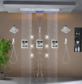 Flush Mount 48 x 8 inch Rainfall Waterfall 64 LED Light Shower Head with 9-Way Thermostatic Faucet and High-Pressure Wall Mount Regular Shower Head and 6 Body Jets