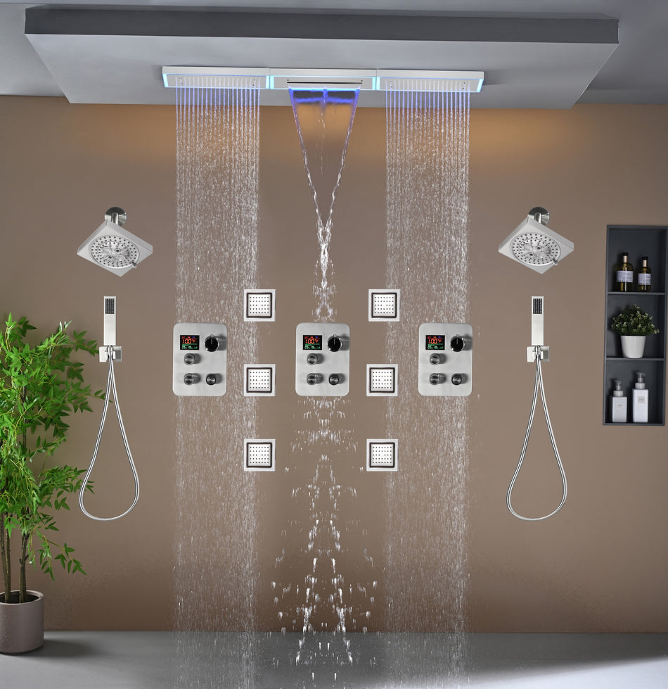 Flush Mount 48 x 8 inch Rainfall Waterfall 64 LED Light Shower Head with 9-Way Thermostatic Faucet and High-Pressure Wall Mount Regular Shower Head and 6 Body Jets
