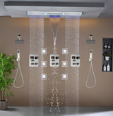 Flush Mount 48 x 8 inch Rainfall Waterfall 64 LED Light Shower Head with 9-Way Thermostatic Faucet and High-Pressure Wall Mount Regular Shower Head and 6 Body Jets