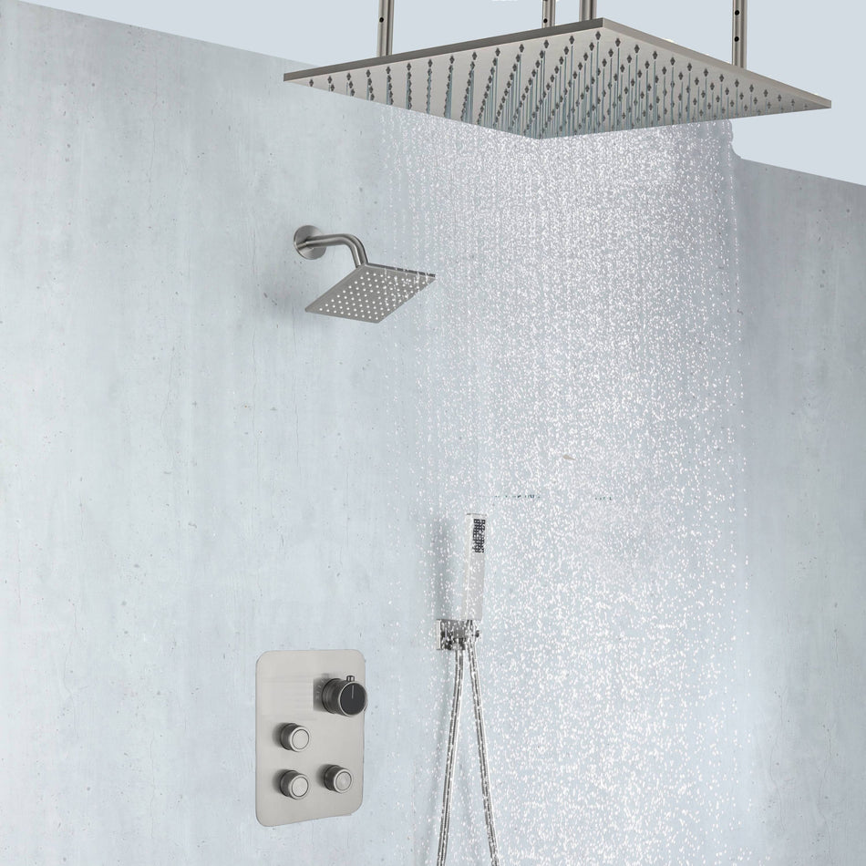 Brushed nickel 20-Inch rainfall shower head high pressure shower head 3 way thermostatic valve shower heads systems each function work at the same time and separately