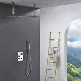 Brushed Gold Dual Ceiling & Wall Shower Heads with 3-Way Thermostatic Valve System - Seamless Functionality Both Together & Separately