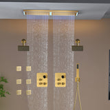 Flush Mount 32 x 8 inch Rainfall 64 LED Light Shower Head with 6-Way Thermostatic Faucet and High-Pressure Dual Regular Heads,6 body jets