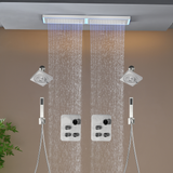 Flush Mount 32 x 8 inch Rainfall 64 LED Light Shower Head with 6-Way Thermostatic Faucet and High-Pressure Dual Regular Heads