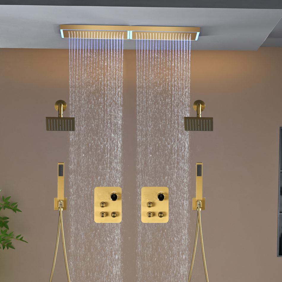 Flush Mount 32 x 8 inch Rainfall 64 LED Light Shower Head with 6-Way Thermostatic Faucet and High-Pressure Dual Regular Heads