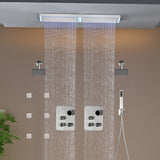 Flush Mount 32 x 8 inch Rainfall 64 LED Light Shower Head with 6-Way Thermostatic Faucet and High-Pressure Dual Regular Heads,6 body jets