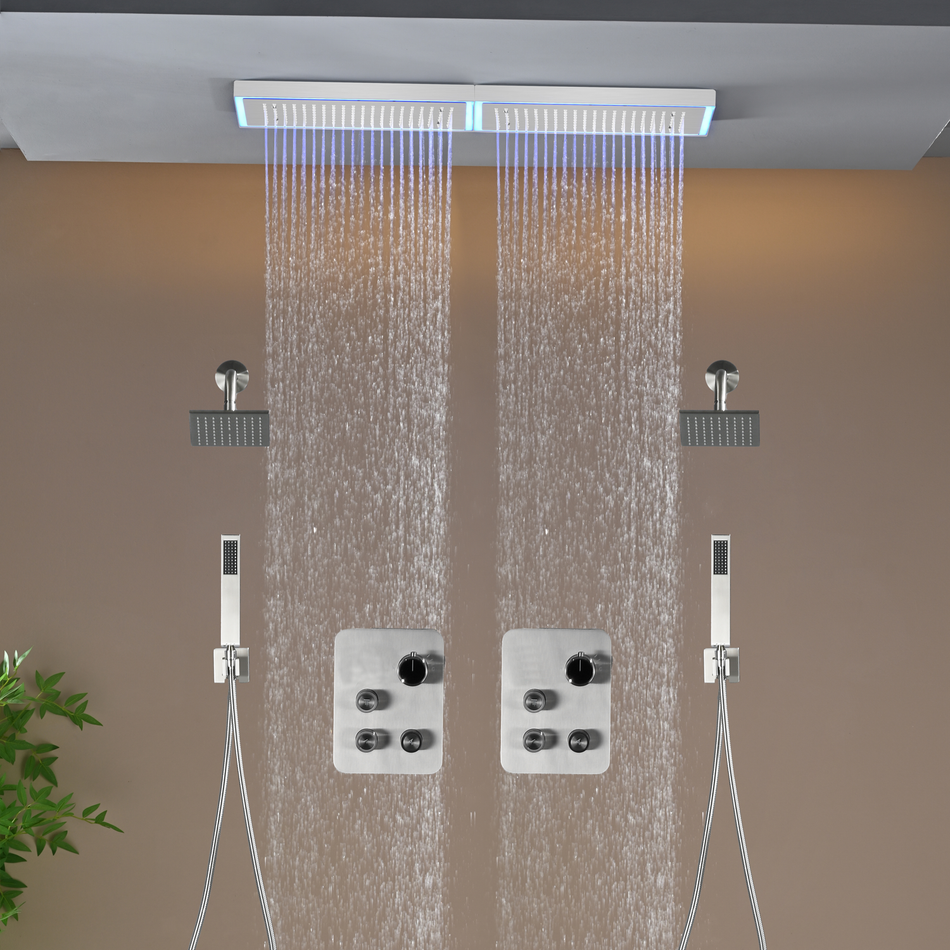 Flush Mount 32 x 8 inch Rainfall 64 LED Light Shower Head with 6-Way Thermostatic Faucet and High-Pressure Dual Regular Heads