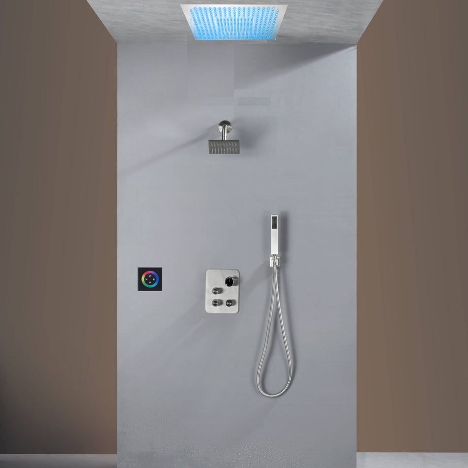 Flush Mount Shower Faucet Set with 3-Way non-Digital Thermostatic Control, 64-Color LED Lights