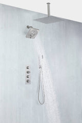 Brushed Nickel Rainfall Shower Head System: Available in 12'' or 16'', Optional LED Light, High Pressure, 3-Way Thermostatic Faucet, Simultaneous or Separate Functionality, with Optional Digital Display
