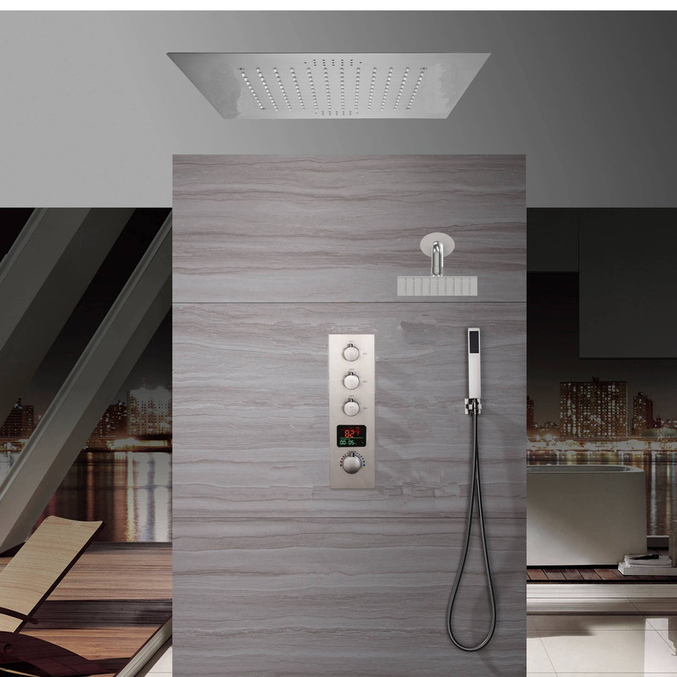 20 Inch Brushed nickel ceiling or flush mount rainfall shower systems 3 way thermostatic faucet with wall mount 6 inch regular shower head
