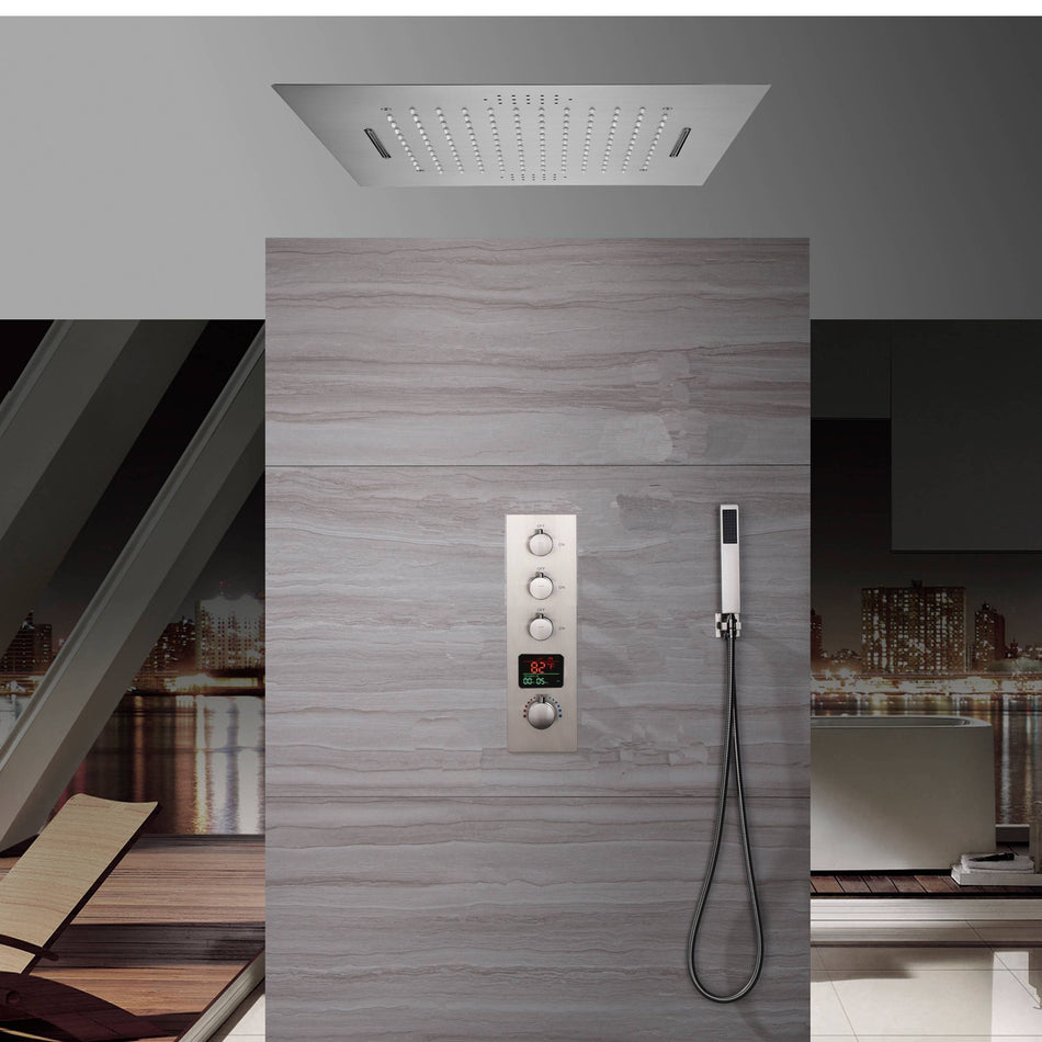 Flushed mount 20 Inch bluetooth music 64 LED lights Brushed nickel waterfall rainfall shower systems 3 way thermostatic shower system