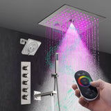 Brushed Nickel 4-Way Thermostatic Shower Faucet: Flush Mount with Waterfall Tub Spout and Regular Head, 12-Inch LED Light Shower Head with 64 Colors and Bluetooth Music