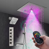 Brushed Nickel 4-Way Thermostatic Shower Faucet: Flush Mount with Waterfall Tub Spout and Regular Head, 12-Inch LED Light Shower Head with 64 Colors and Bluetooth Music