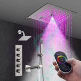 Brushed Nickel 4-Way Thermostatic Shower Faucet: Flush Mount with Waterfall Tub Spout and Regular Head, 12-Inch LED Light Shower Head with 64 Colors and Bluetooth Music
