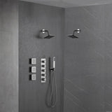 Brushed nickel wall mounted dual regular shower head high pressure shower head 4 way thermostatic valve shower heads systems each function work at the same time and separately